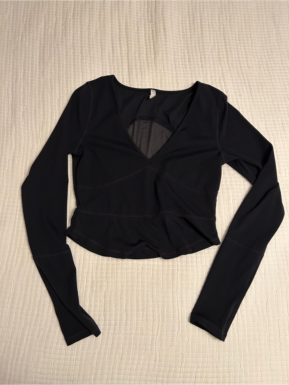 Free People Movement Bow Down Black Top Sz L Ribbed Long Sleeve V Neck Peplum